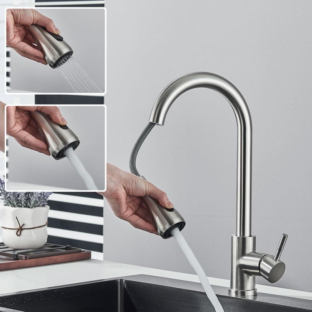 Baterie mieszające do zlewu Wysuwany Nikiel Szczotkowany Obrót o 360 Stopni Bateria Mieszająca Ciepła i Zimna Woda Elegancki Czarny Kształt D Kuchnie Nowoczesne Proste Design