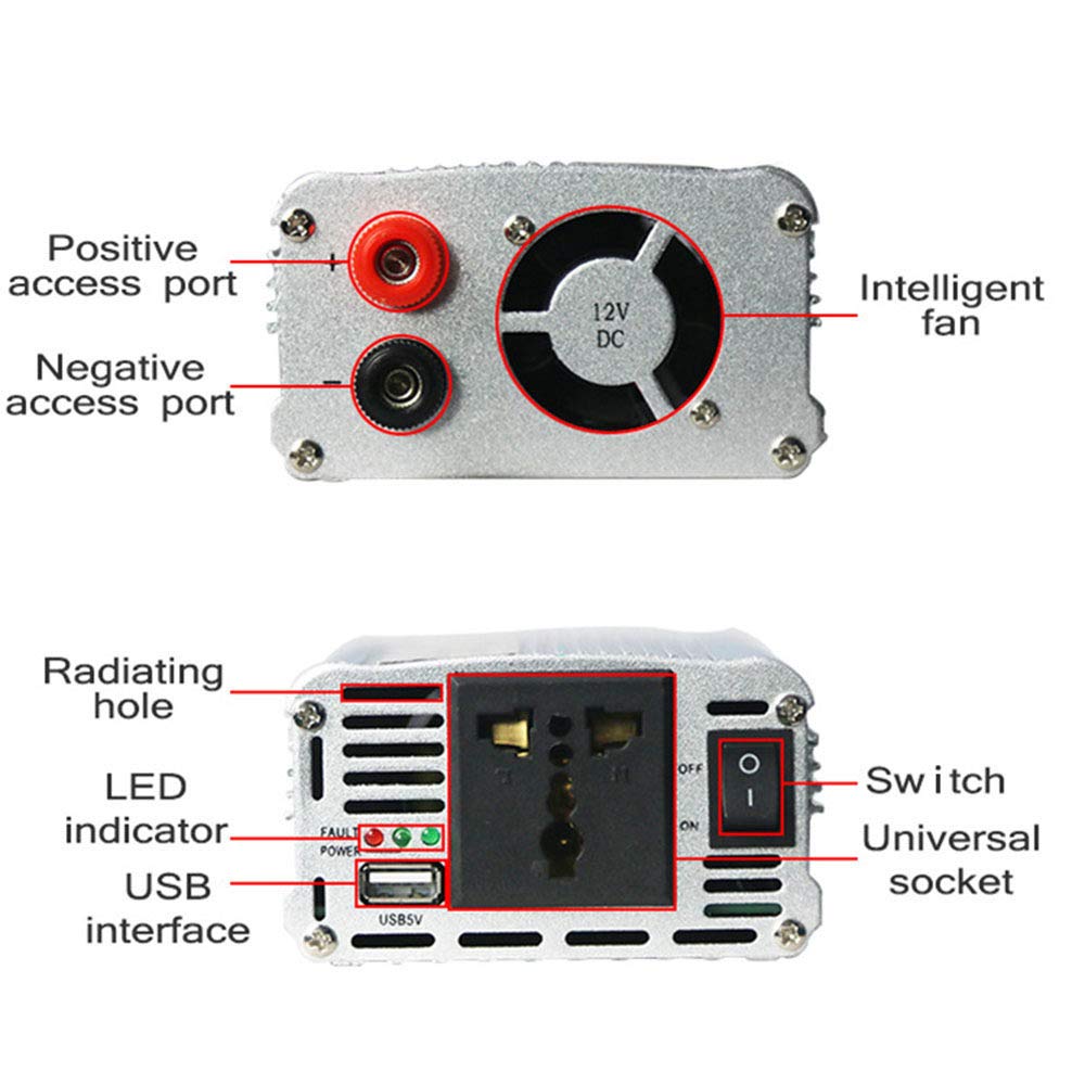 Inversor de Corriente 300W/500W/800W (alimentación Continua) DC 12/24V a 110V/220V AC Convertidor de automóvil con Salidas de CA y Puertos USB para computadora portátil iPad iPhone, 12vto220v-800w