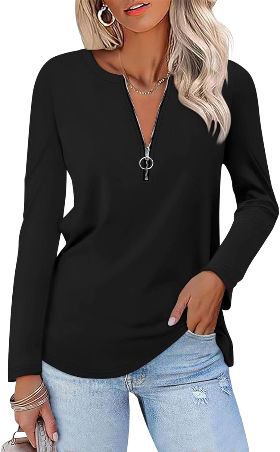 Women's Long Sleeve Shirts Zipper Color Block V Neck Tunic Tops Casual Blouse