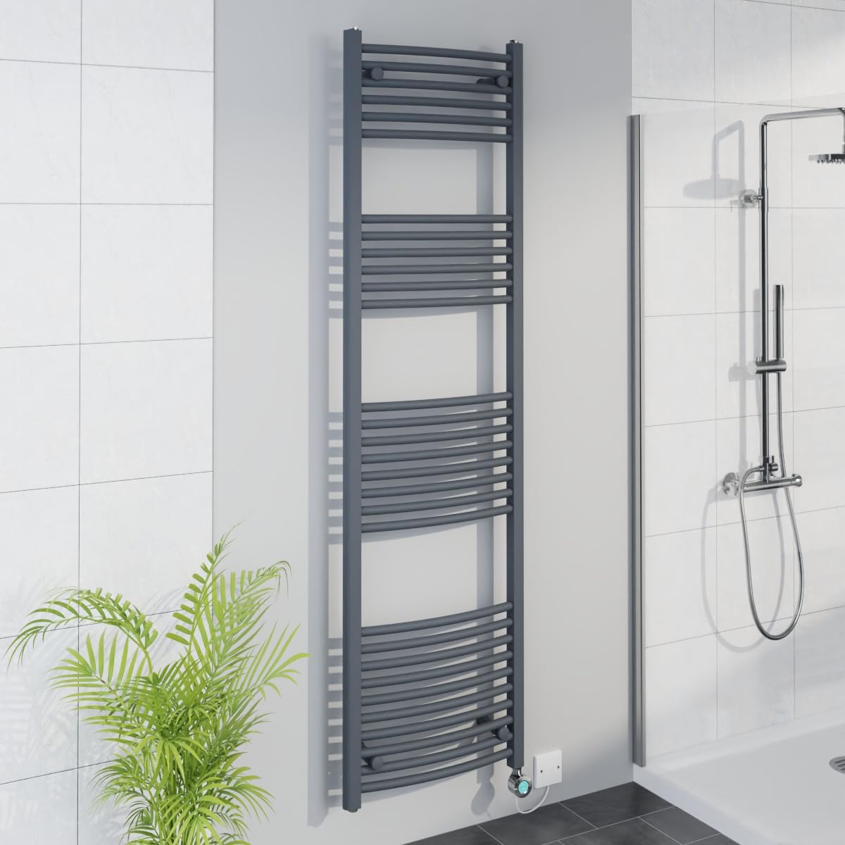 Warmehaus Grey WiFi Electric Curved Towel Rail 1800x500mm Element Chrome