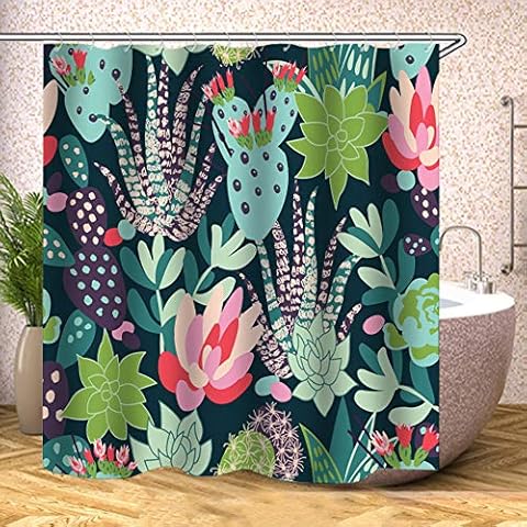 TJZ HOME Cactus Shower Curtains Fabric ，Natural Vibrant Flower Green Succulents Pink Colorful Polyester Cloth Print Bathroom Curtains Include Hooks Set 72〃w by 72〃L(yl1164) Cover