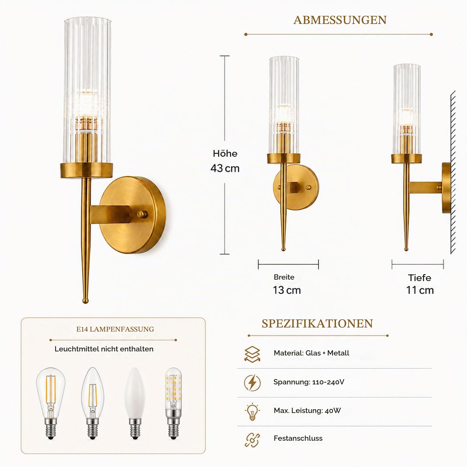 Vintage Wandleuchte Kristall Rillenglas E14 Messingoptik 1-flammig