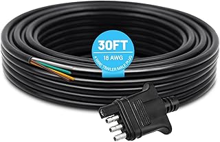 MECMO 4 Way Trailer End Connector Wire 30 Feet with Jacketed Cable, Heavy Duty 18AWG Color-Coded Pure Copper Trailer-Side Male End 4 Pin Flat Trailer Hitch Wiring Harness Utility Boat Trailer Light