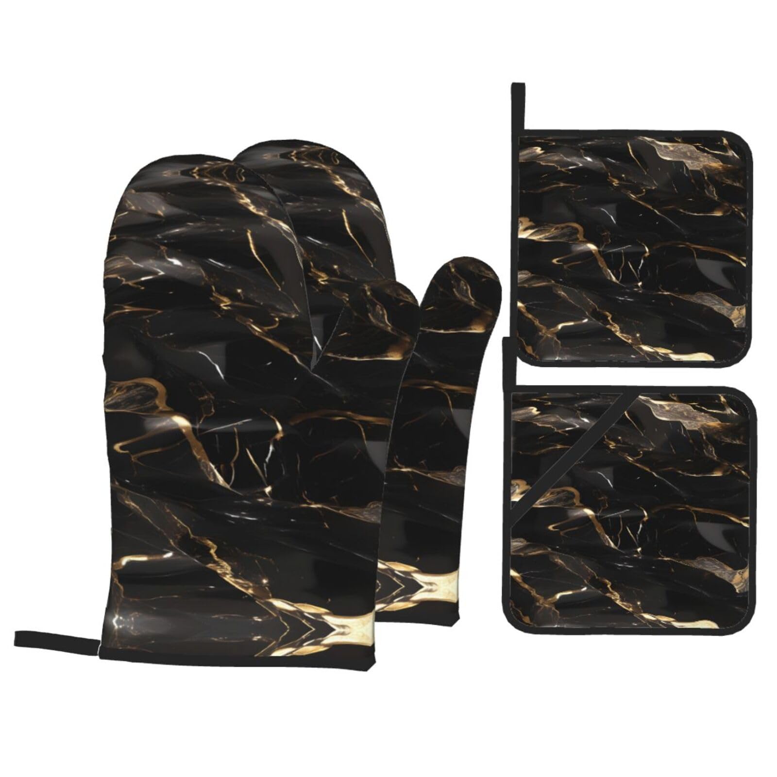 Black Gold Marble Print Oven Microwaving Waterproof Kitchen Gloves for Baking Grilling Holiday Cooking