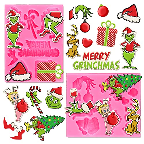 Whaline 2Pcs Merry Christmas Fondant Molds Funny Cartoon Character Silicone Moulds Green Hand Resin Baking Molds Xmas Tree Gift Pattern Cake Decorating Molds For Handmade Diy Candy Chocolate Cookie #TOP27