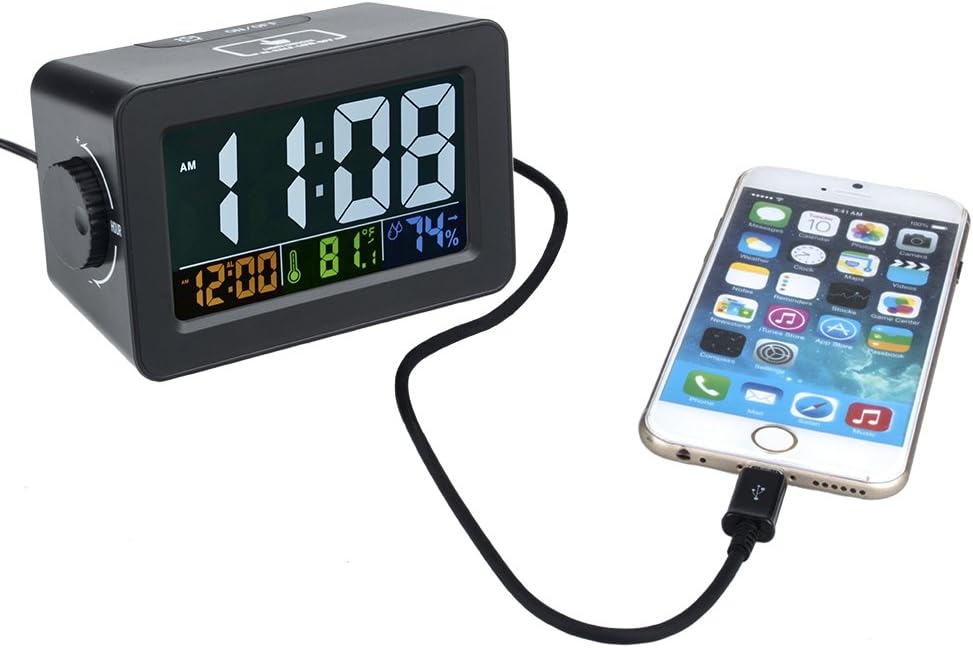 Alarm clock, EWTTO Digital Multifunction Clock Color Display with Indoor Temperature/Humidity/Date/USB Port for Home/Office(Black/Color Screen)