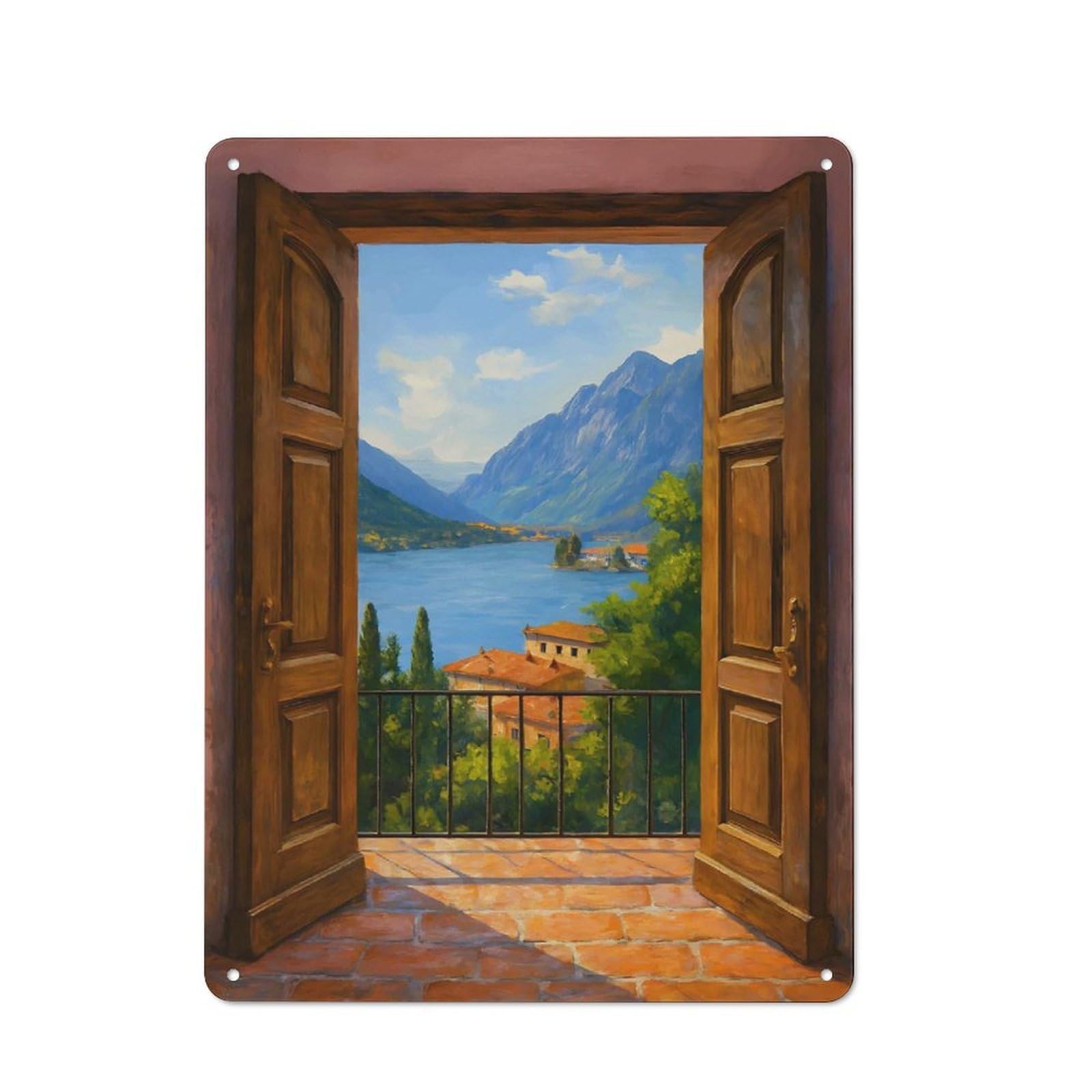 Junmoney Style-17 Open Door To Lake Como View Decorative Metal Wall Decor 40X30cm, Metal Gift Sign For Hallway, Home Bar, Garage Or Study