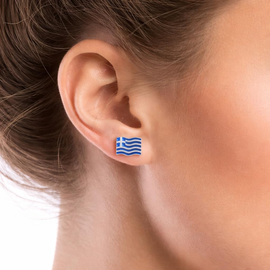 Greece Greek Flag Country Travel Ear Studs Earrings Jewelry with Enamel & 925 Sterling Silver Back Posts Earrings