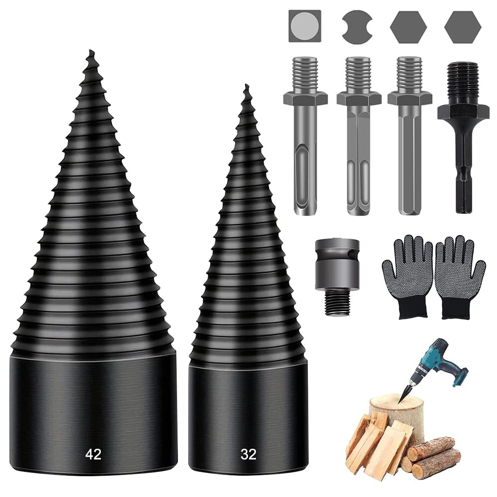 Foret de Fendage de Bois, 32 mm + 42 mm Fendeur de Bûches électrique avec 5 Poignées, Foret à Bois de Chauffage pour Fendeuse de Bois, Fendeuse de Buches électrique pour Perceuse électrique
