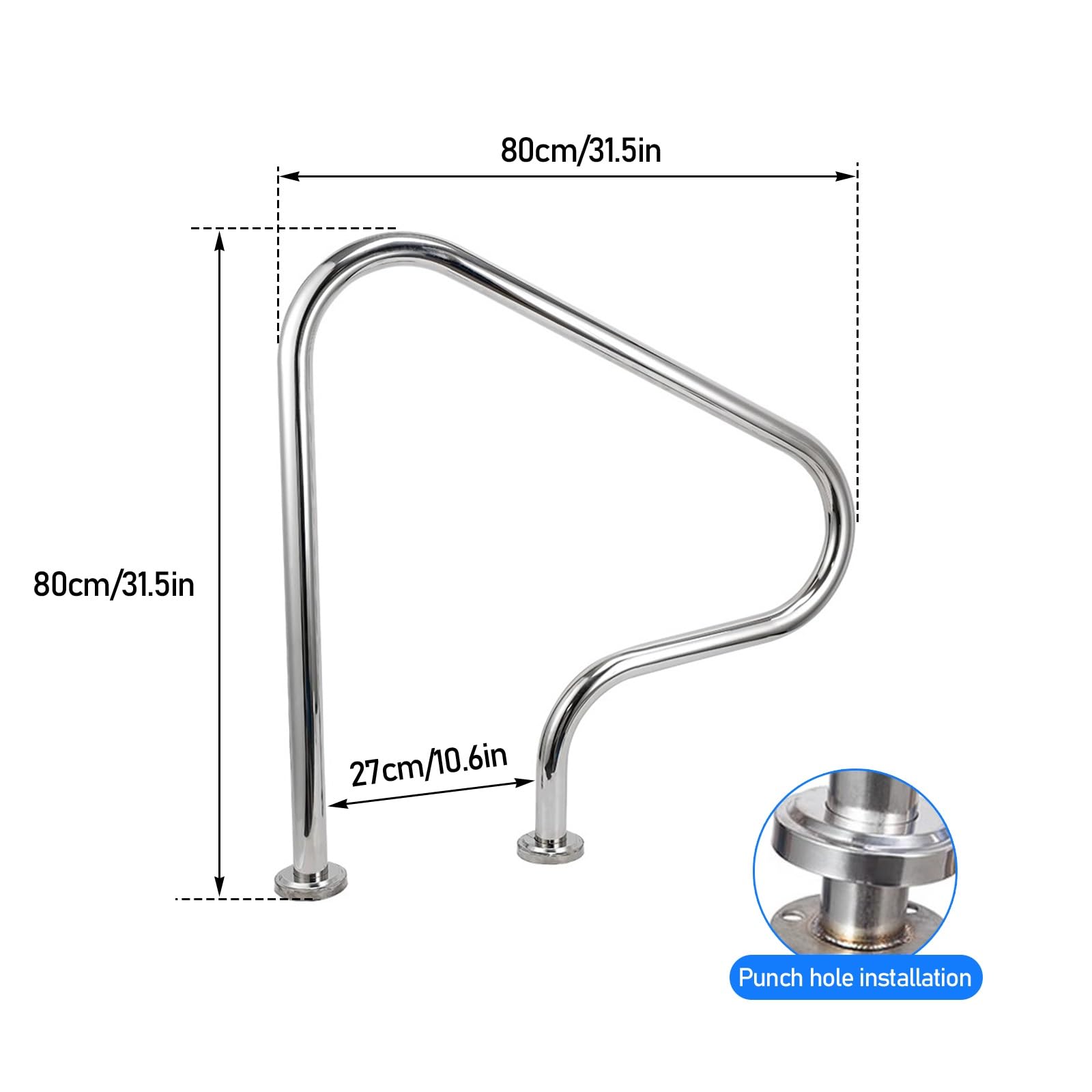 304 Stainless Steel Pool Handrail, Pool Railing for In-Ground Pools, 31.5x31.5 in, 330 Lbs Weight Capacity, No Pre Embedding Required