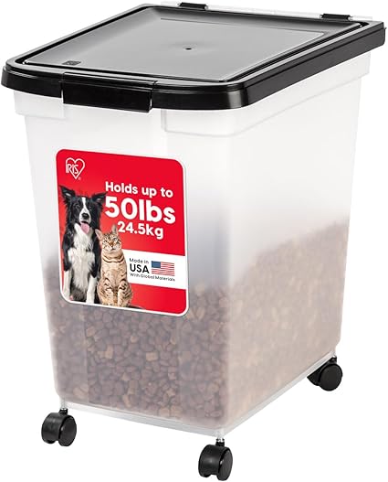 IRIS USA WeatherPro Airtight Dog Food Storage Container, Up to 50 lbs, Removable Wheels, for Dog Cat Bird and other Pet Food Storage Bin, Keep Fresh, Translucent Body, Easy Mobility, Clear/Black