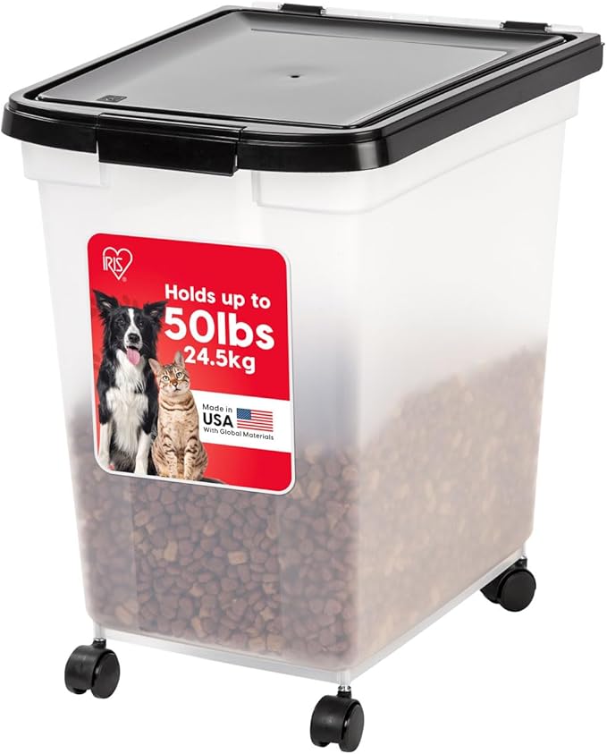IRIS USA WeatherPro Airtight Dog Food Storage Container, Up to 50 lbs, Removable Wheels, for Dog Cat Bird and other Pet Food Storage Bin, Keep Fresh, Translucent Body, Easy Mobility, Clear/Black