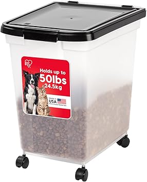 IRIS USA WeatherPro Airtight Dog Food Storage Container, Up to 50 lbs, Removable Wheels, for Dog Cat Bird and other Pet Food Storage Bin, Keep Fresh, Translucent Body, Easy Mobility, Clear/Black