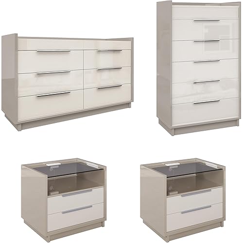 AMERLIFE 4 Piece Bedroom Furniture Set, 2 Nightstands with Charging Station, 8 Drawer Dresser with LED Light & 5 Drawer Chest, Modern High Gloss UV Finish, Bedroom Storage Organizer, Cream & Grey