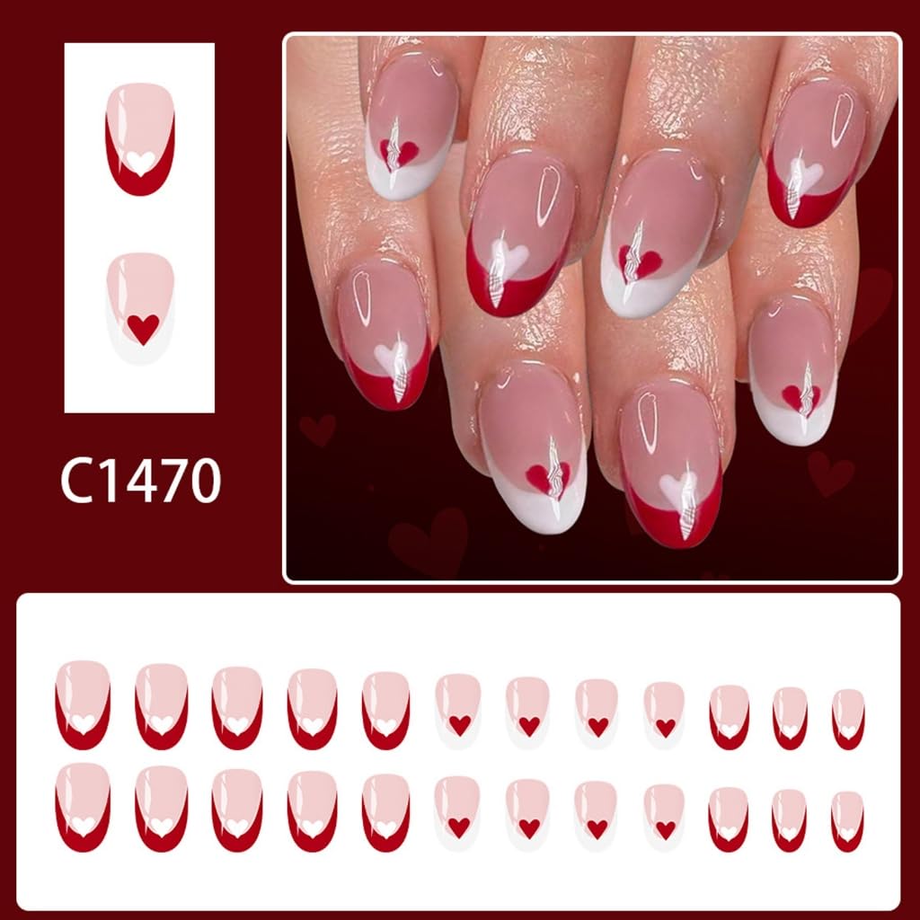 24 Pieces Valentine’s Day Press Install Nails Red and White Heart Design Faux Nails Long Use for Parties Weddings