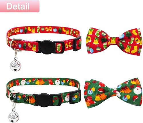 Miniatura 4 de Paquete de 2 collares navideños para gatos con pajarita y campana, collares de gatito con corbatín de seguridad, rojo y verde