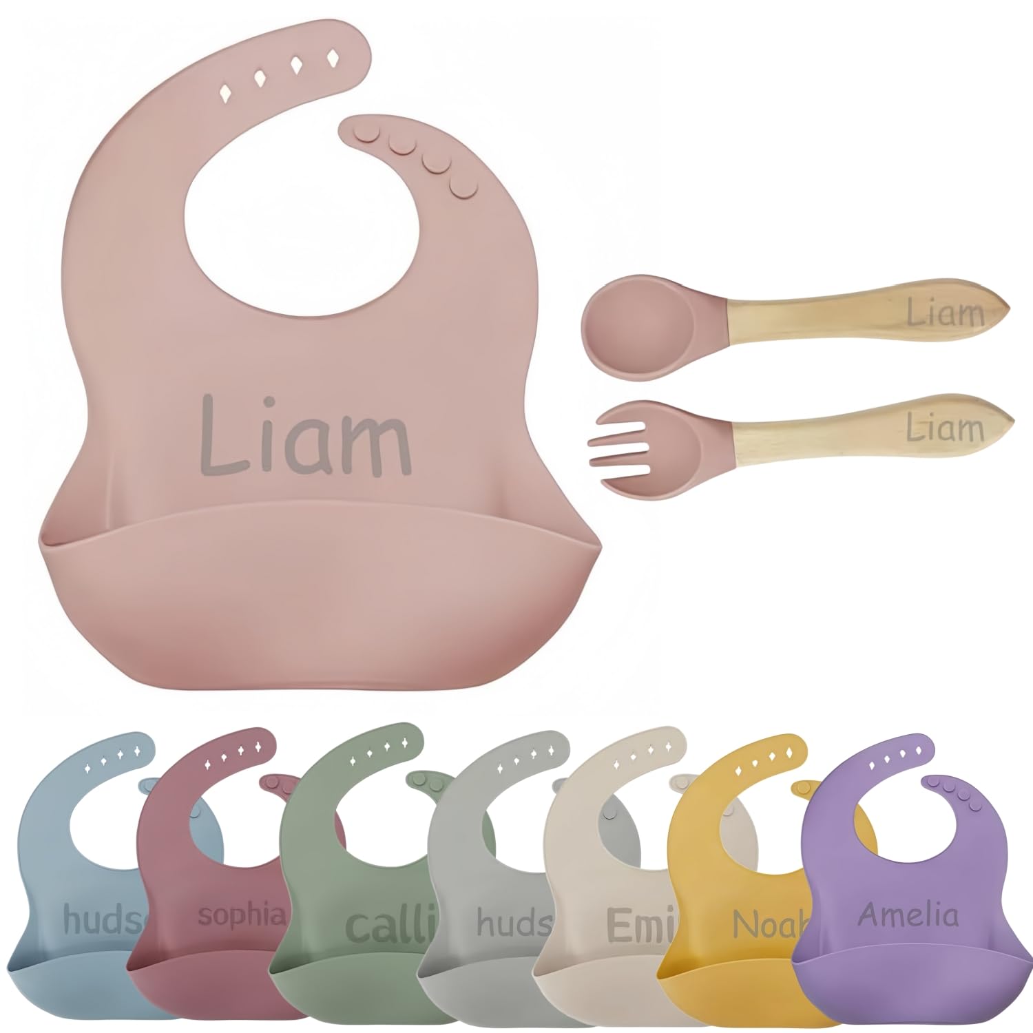 norinori Personalised Baby Silicone Bib with Custom Laser Engraving, Waterproof Weaning Bib with Crumb Catcher, BPA Free Food Grade, Adjustable Size for Boys & Girls, Unique New Baby Gift