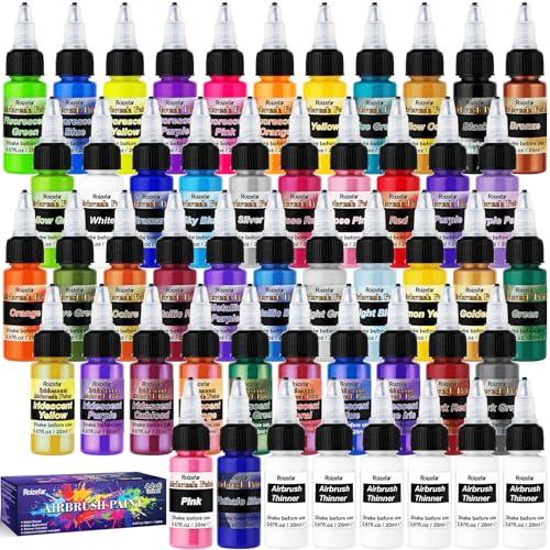 Roizefar Airbrush Paint 44 Colors with 6 Thinner Airbrush Paint Set Includes Iridescent & Metallic & Neon & Classic Colors Water-Based Air Brush Paints Acrylic Ready to Spray 20ml/Bottle