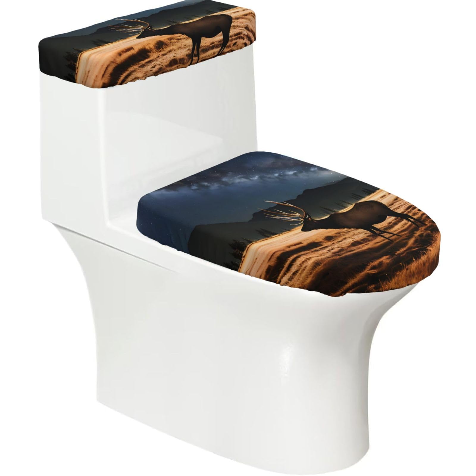 Elk in the Meadow Elastic Toilet Cover Set of 2-Stretchy Lid and Tank Covers for Bathroom, Soft Washable U Shape Toilet Decor