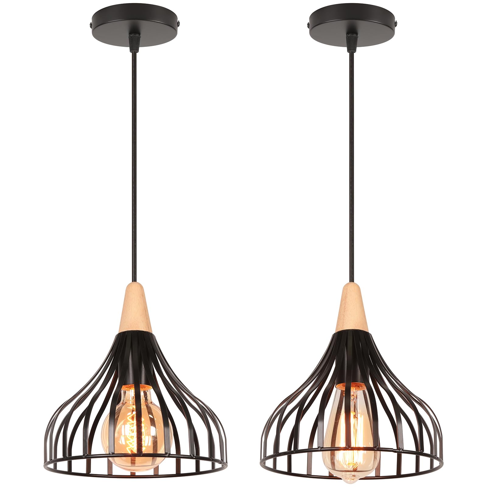 iDEGU Lot de 2 Suspension Luminaire Vintage Plafonnier Abat-jour de Cage Lustre Industriel en Métal Bois Lampe Suspension Rétro pour Salon Chambre Cuisine Salle à Manger Restaurant (Noir 20cm)