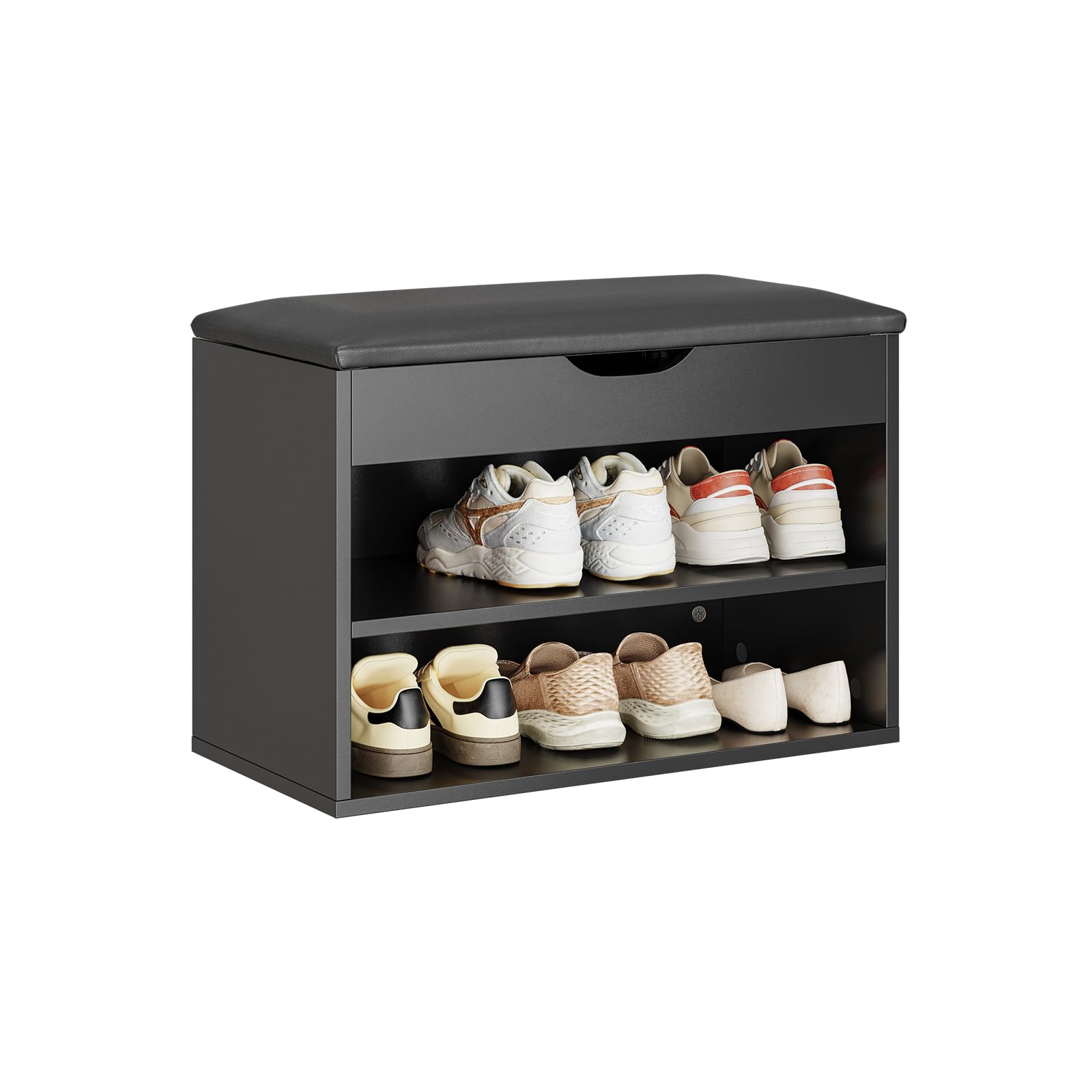 SoBuy Schuhbank mit Sitzfläche, Schuhregal mit Sitzbank, Schuhbank mit Stauraum 3-in-1, für Kleine Wohnungen, Eingangsbereich, Flur, Schlafzimmer, Schwarz, 60 x 30 x 43 cm, FSR25-SCH