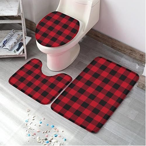 Miniatura 10 de Juego de alfombras de baño y alfombras de Navidad de 3 piezas clásicas a cuadros de búfalo en blanco y negro antideslizante tapete de baño funda de