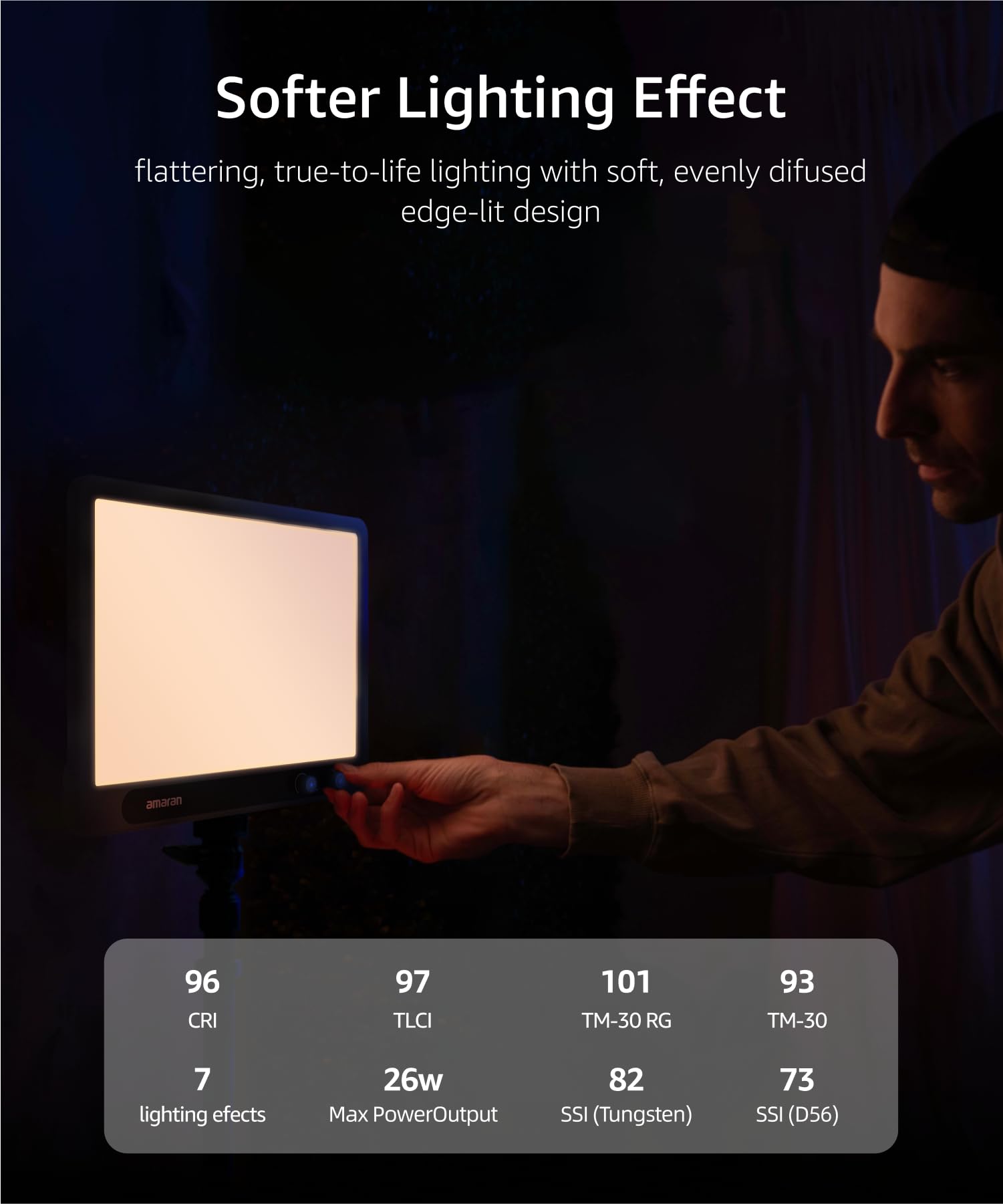 amaran Verge Key Light Bicolore 2700–6500K, CRI 96, Panneau LED Doux, USB-C, pour Streaming, appels vidéo & création – Charbon