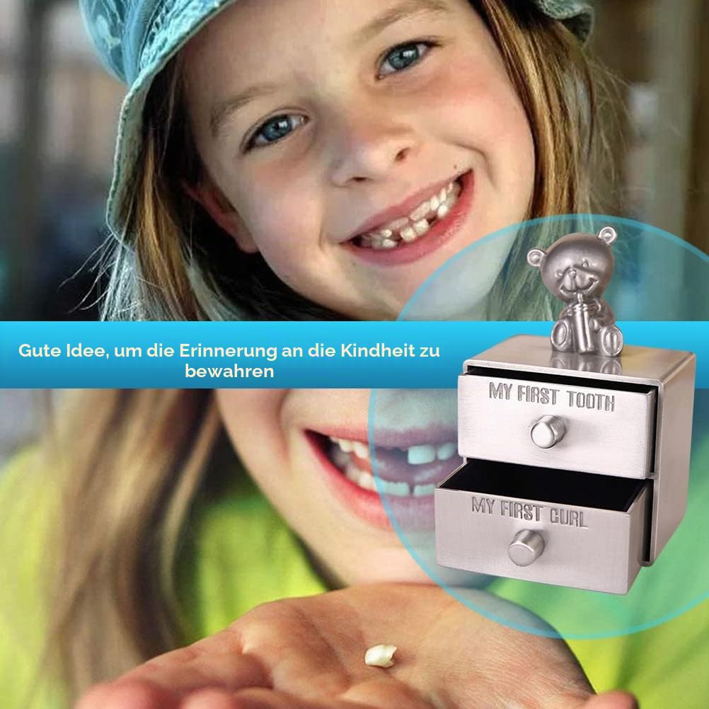 Milchzahndose Baby Erste Locke und ersten Zahn Zahndose Andenken Box Metalllegierung Süßer Bär Zahnbox mit 2 Schubladen Erinnerungsboxen Kinder
