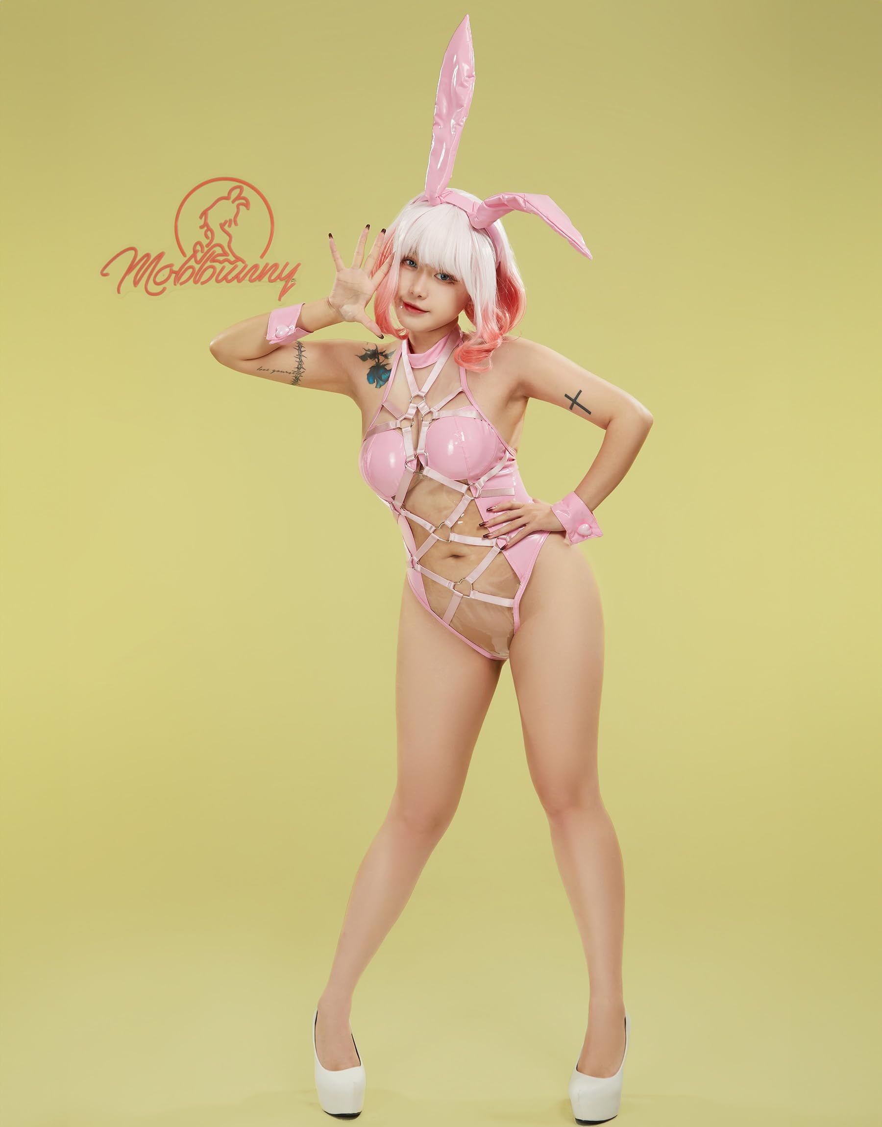 Mobbunny Women's Pink Bunny Girl Costume Heart Ring linked Bondage Lingerie Set Transparent Bodysuit: Small Pink