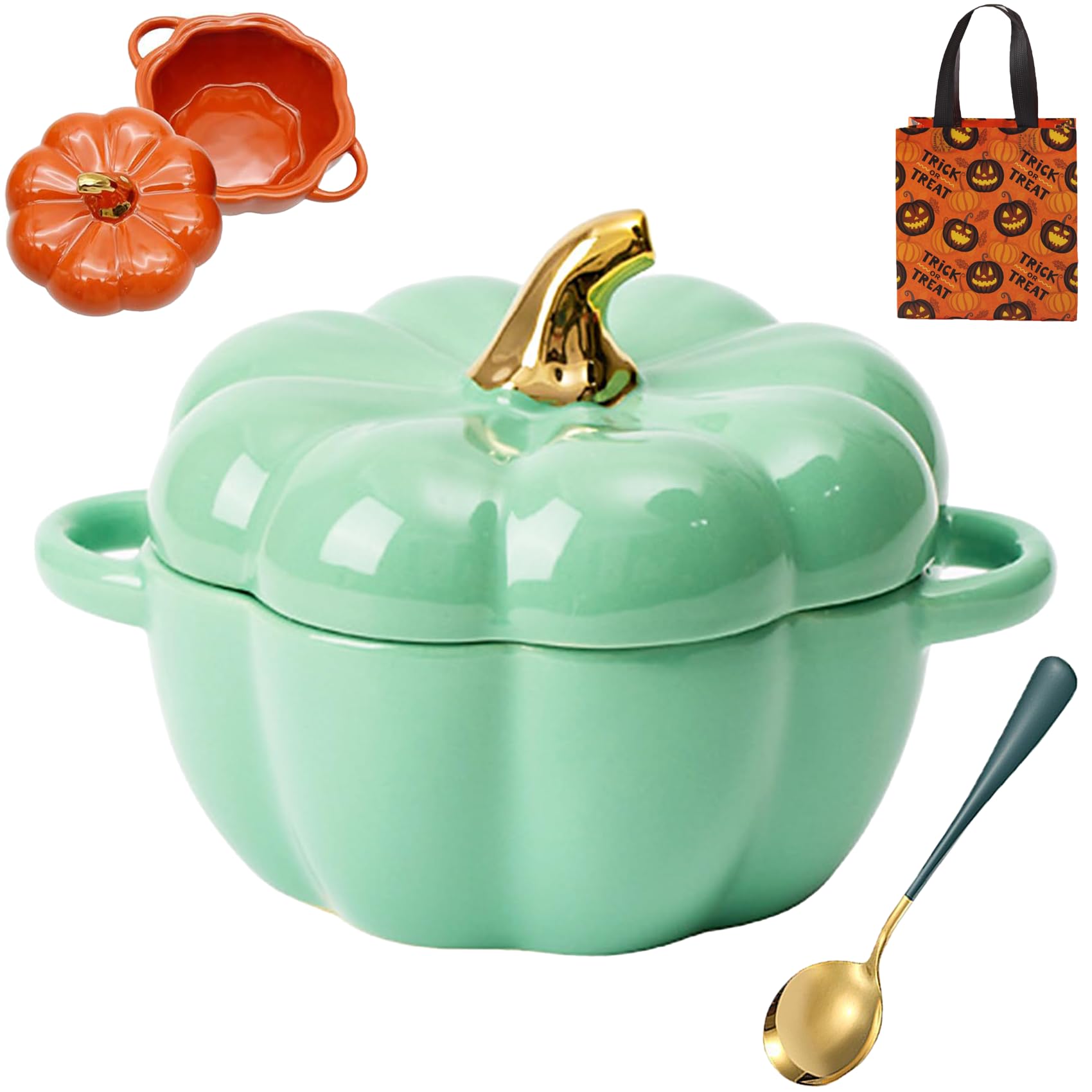 LIDSCURA Ciotola per zuppa di zucca in ceramica arancione da 425 g con coperchio, per servire zuppe di Halloween e Ringraziamento, adatta al forno, in ceramica, a forma di zucca, ciotola da