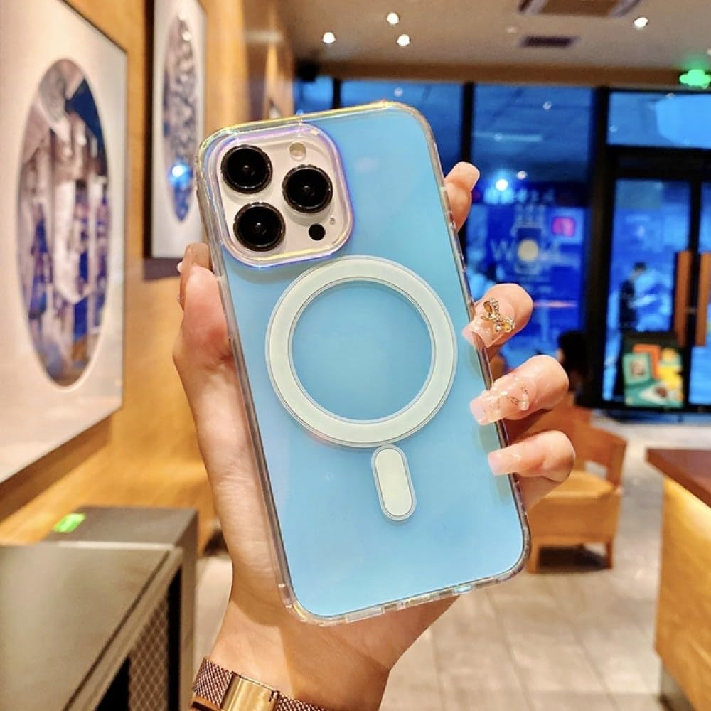 Coque iPhone 13 charge sans fil magnétique transparente et fine bleue