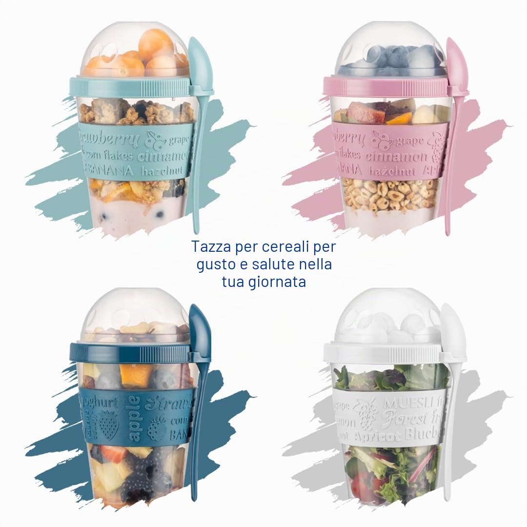 Bicchiere per muesli da portare con sé con cucchiaio, confezione da 4, 600ml, pratico bicchiere per yogurt da asporto, bicchiere riutilizzabile per muesli da viaggio per la colazione, perfetto