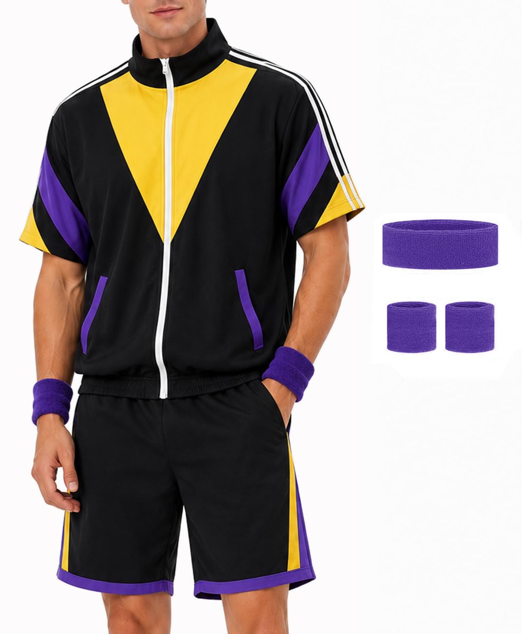 Coseaon 80s 90s Outfit for Men Tracksuit Shorts Set Men's 80s 90s Retro Jacket Outfits Costume for Party (Black Yellow, 3XL)
