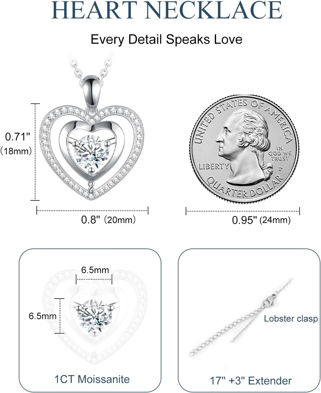 Moissanite Necklaces for Women, Heart Pendant Necklace Anniversary Birthday Gift for Her, S925 Silver Jewelry for Wife Girlfriend Mom - Image 3