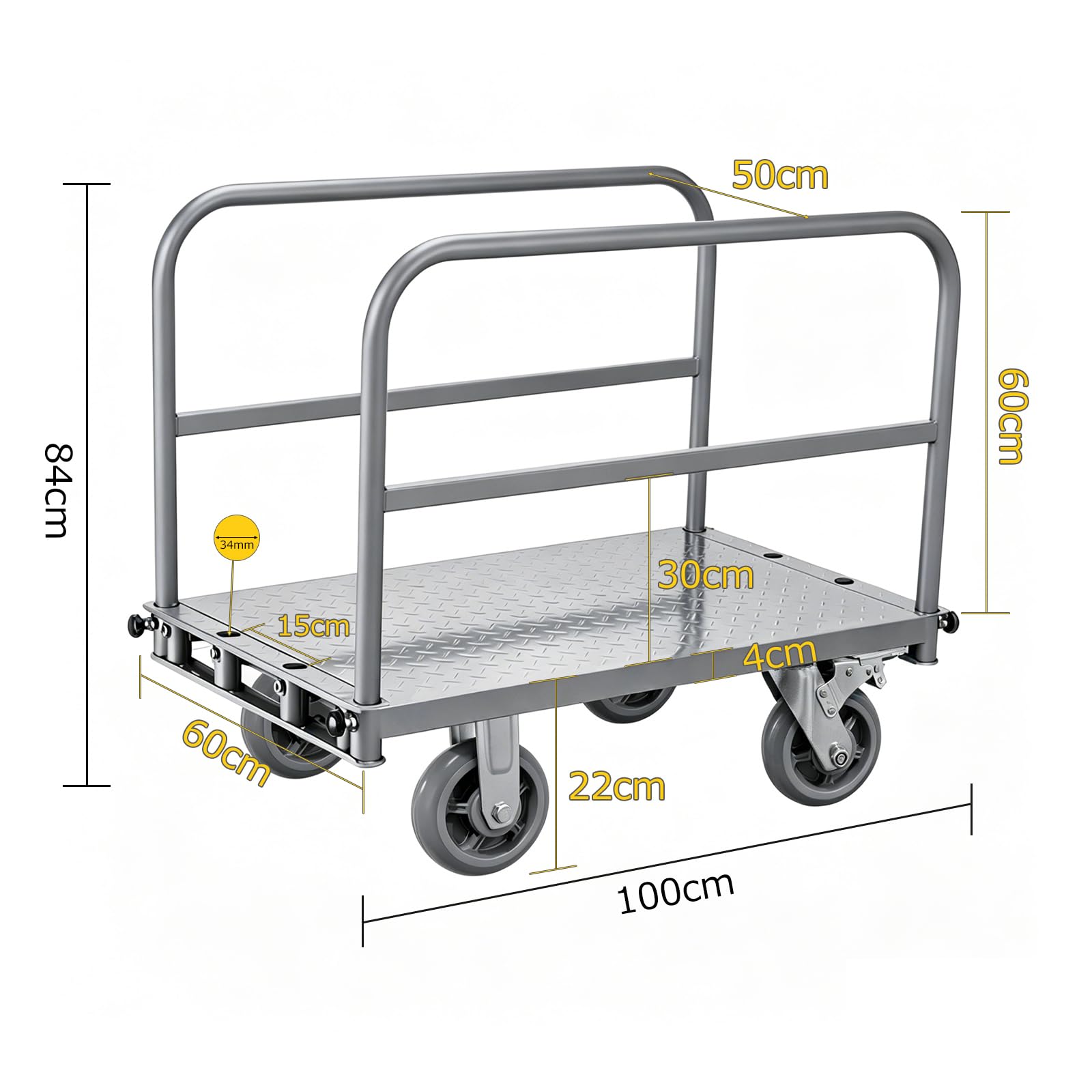 Carretilla con Plataforma 3 en 1, Asa y Barandillas Extraíble | ruedas de 150 mm con freno, 500 kg capacidad,100 x 60 x 83 cm, para taller, obras y almacén