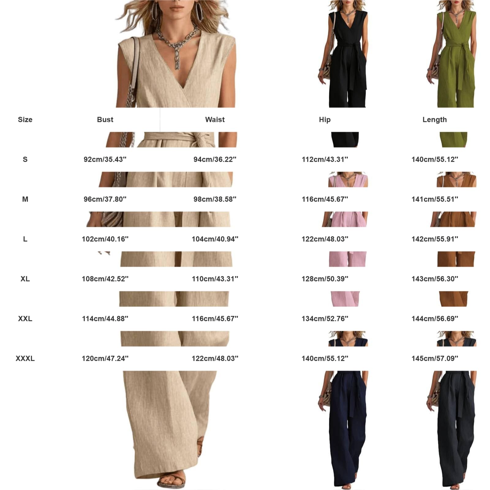Tuta da donna elegante, estiva, senza maniche, scollo a V, con