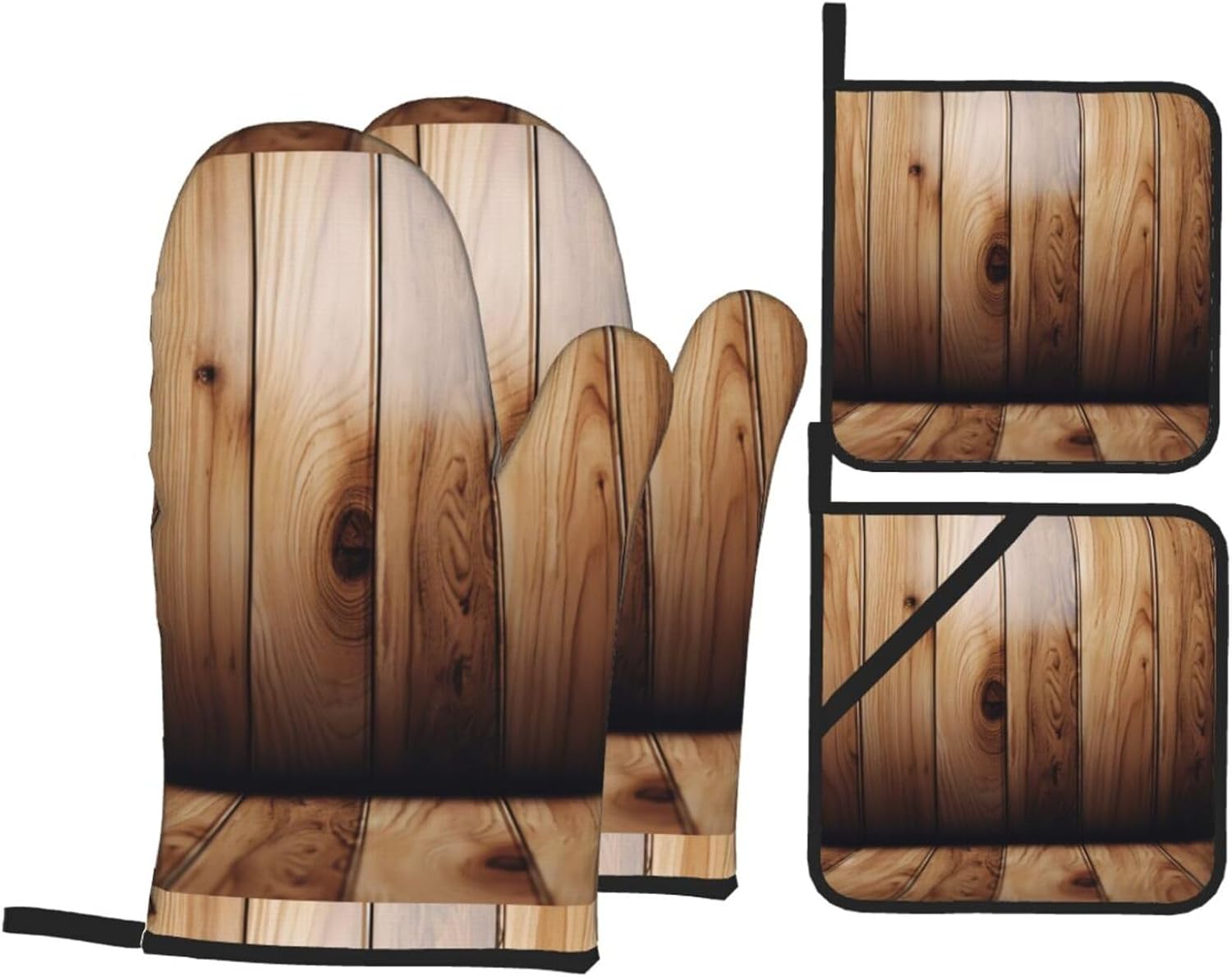 (Wood Grain) Baking 4-Piece Set: 2 Oven Mitts and 2 Pot Holders Heat Resistant Waterproof Hanging Loop for Kitchen Oven Grill Housewarming Gifts