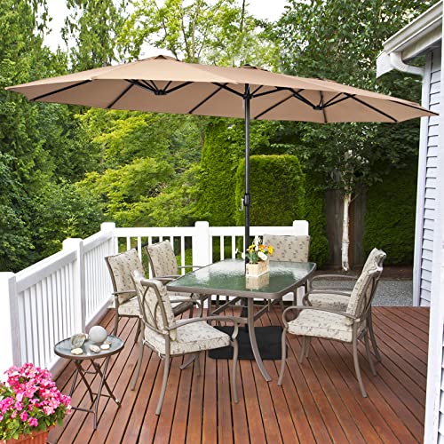 Image of Tangkula 15FT Double-Sided Patio Umbrella with Base, Extra-Large Market Umbrella W /Crank System, Outdoor Twin Umbrella W / 12-Rib Metal Structure & Air Vents for Garden, Backyard, Poolside (Tan)