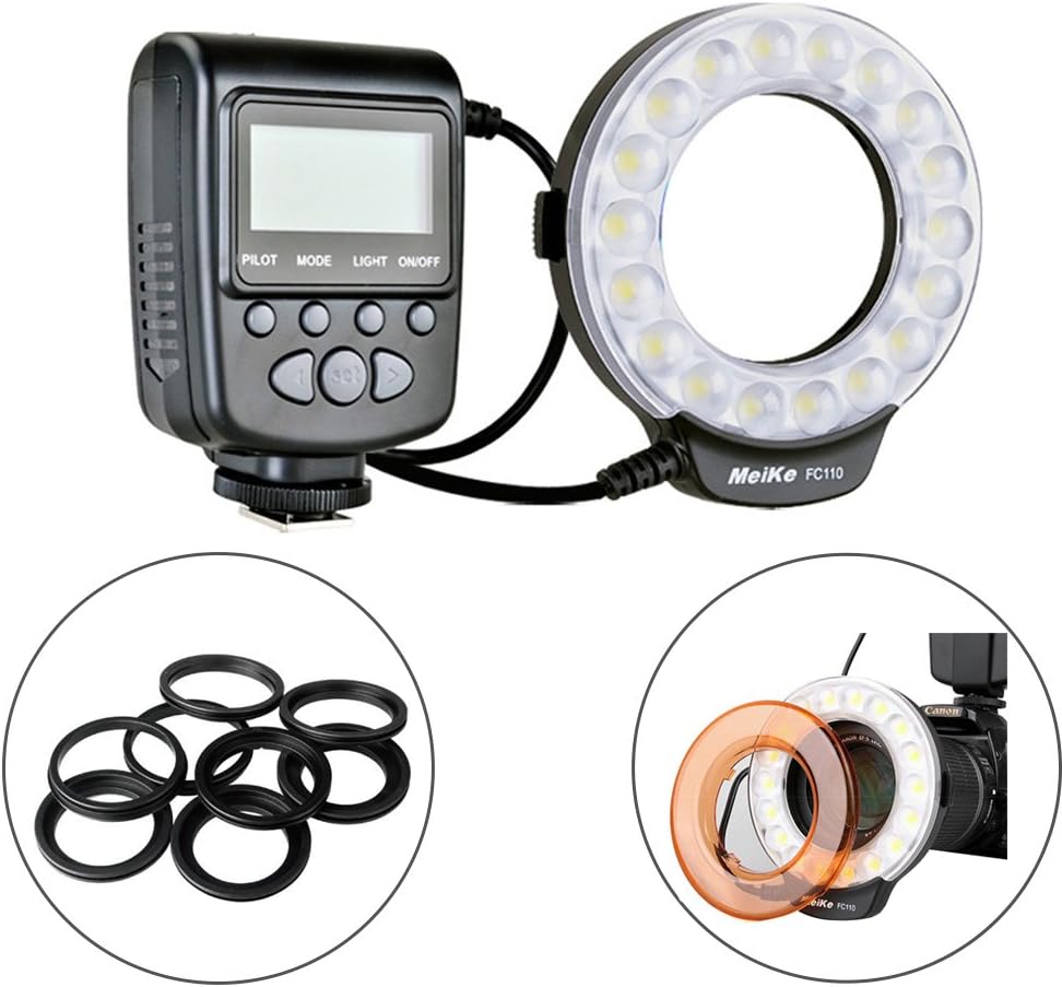 Meike LED Macro Ring Flash Light for Canon Nikon Sony Olympus DSLR Camera with 7 Adapter Rings