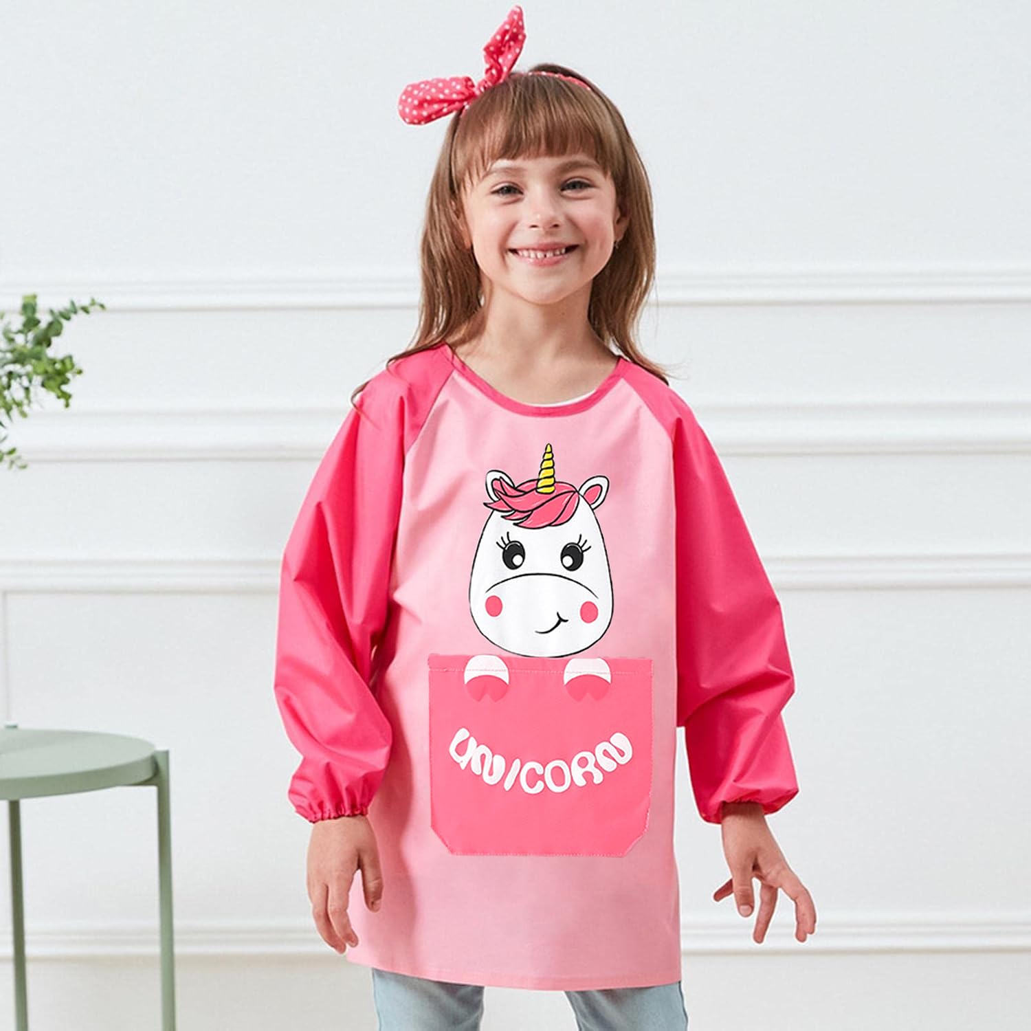 HIQUACC Kids Waterproof Art Smock with Long Sleeves - Graffiti Painting Crafting Apron for Toddlers Children (Pink-L) - Image 3