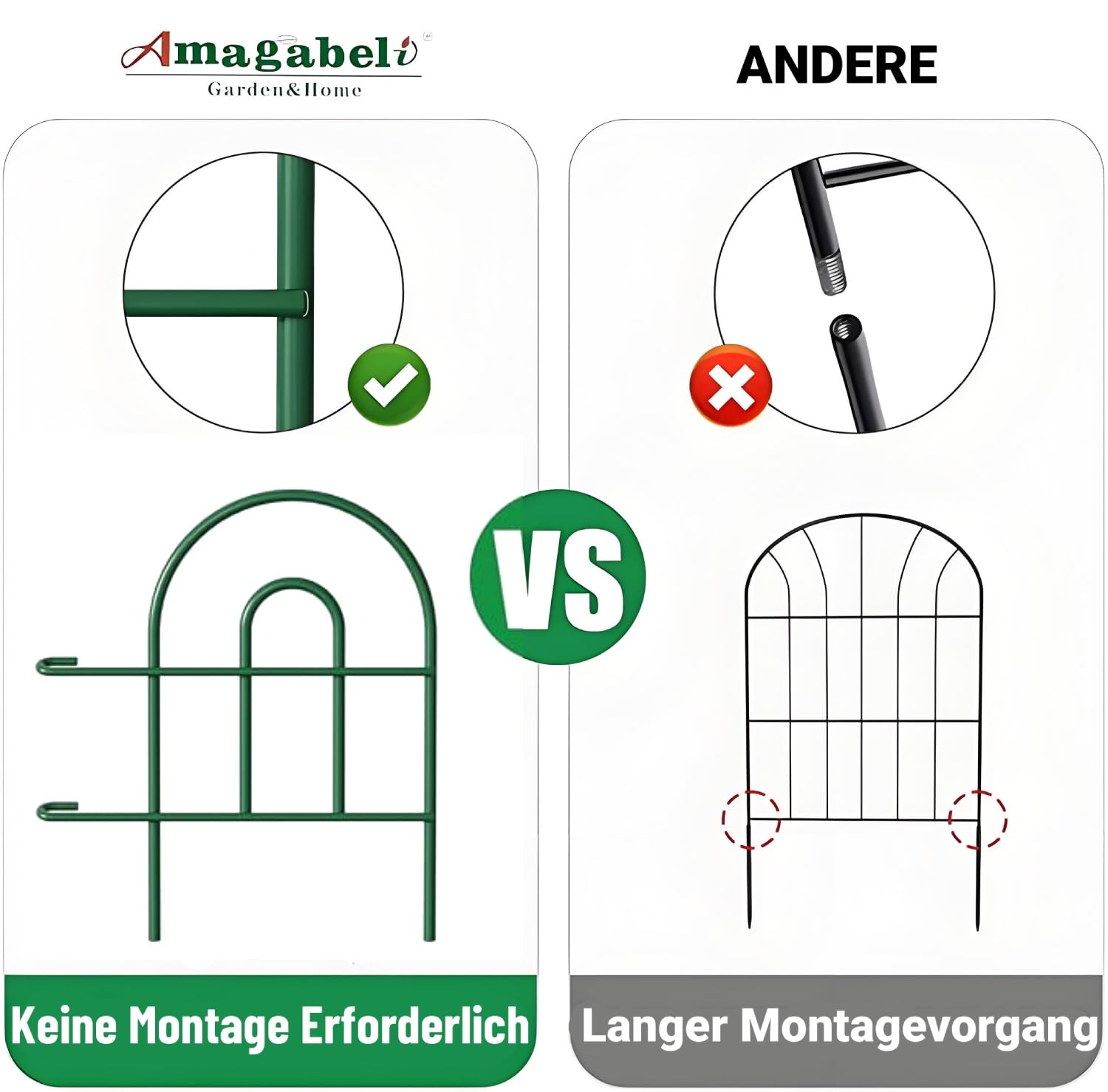 Amagabeli Metall Dekorativer Gartenzaun 46cm Hoch x 43cm Breit (35 Paneele, Gesamtlänge 15m) Steckzaun Ohne Buddeln, Wetterfester Zaunelemente für Außenbereich, Hof, Tier Barriere