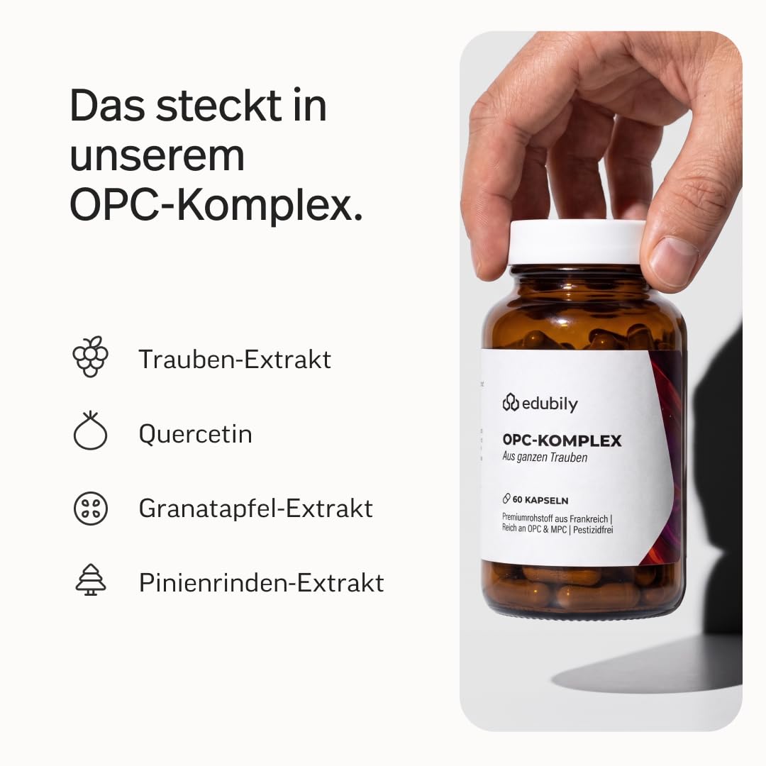 edubily® OPC-Komplex aus französischen Trauben - besonders reich an OPC und MPC - Laborgeprüft - Im Braunglas (60 Kapseln)