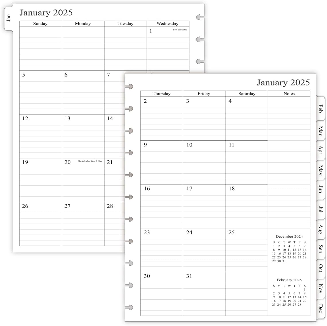 newestor 2025 Monthly Planner Refill for 11-Disc Letter Size Discbound Notebooks, Jan 2025 to Dec 2025, Two Pages Per Month, 8-1/2" x 11"