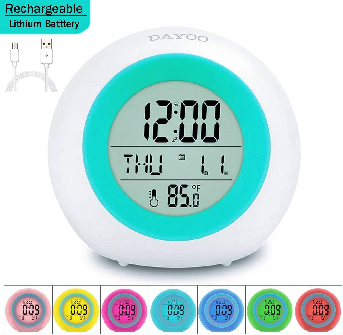 DAYOO Kids Alarm Clock, Newest Version with Rechargeable Lithium Battery, 7 color Changing Night Light, Snooze, Touch Control, Temperature for Children Bedroom, Digital Clock for kids girls boys gifts