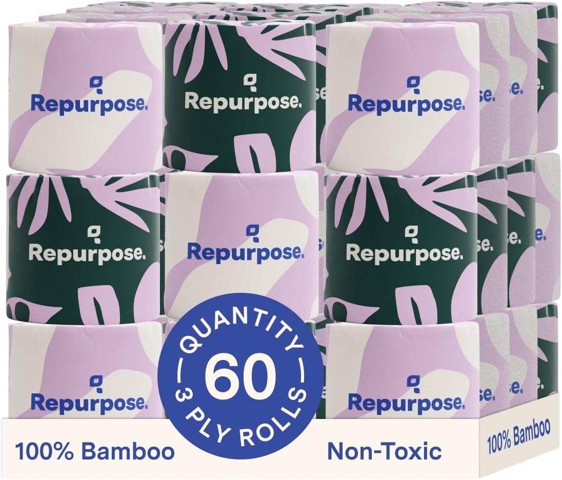 Repurpose 100% Bamboo Toilet Paper, 3-Ply, Tree-Free, Plastic-Free, FSC Certified, Septic Safe, Fast Dissolving, RV-Friendly, 60 Rolls (300 Sheets/Roll), No Fragrance/Dyes