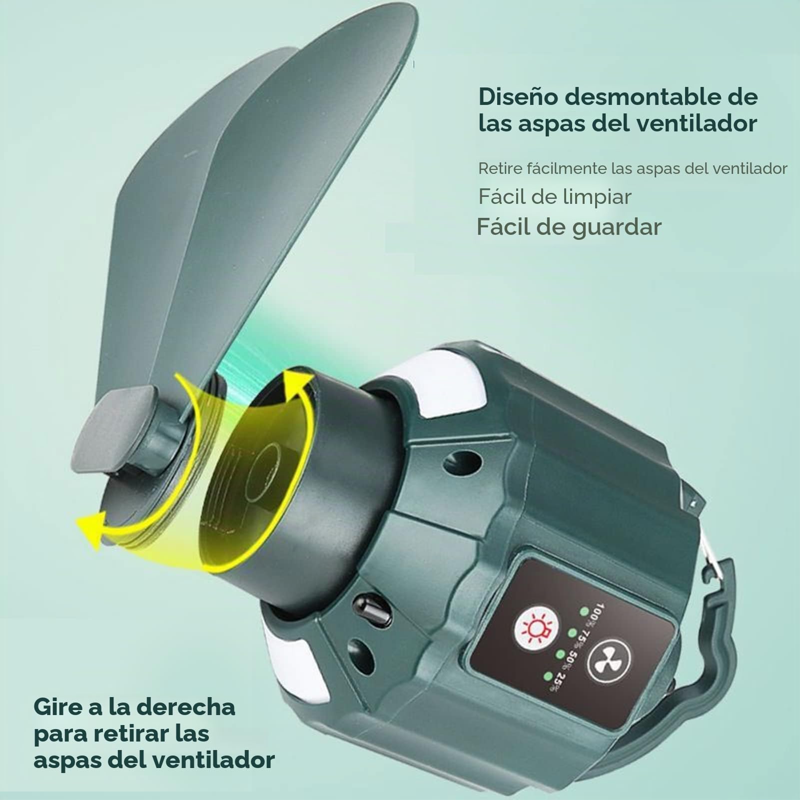 Ventilador de camping,Ventilador de techo portátil con luz LED y batería recargable USB de 10400 mAh,3 velocidades silencioso y control remoto,desmontable para pesca,viajes y actividades al aire libre