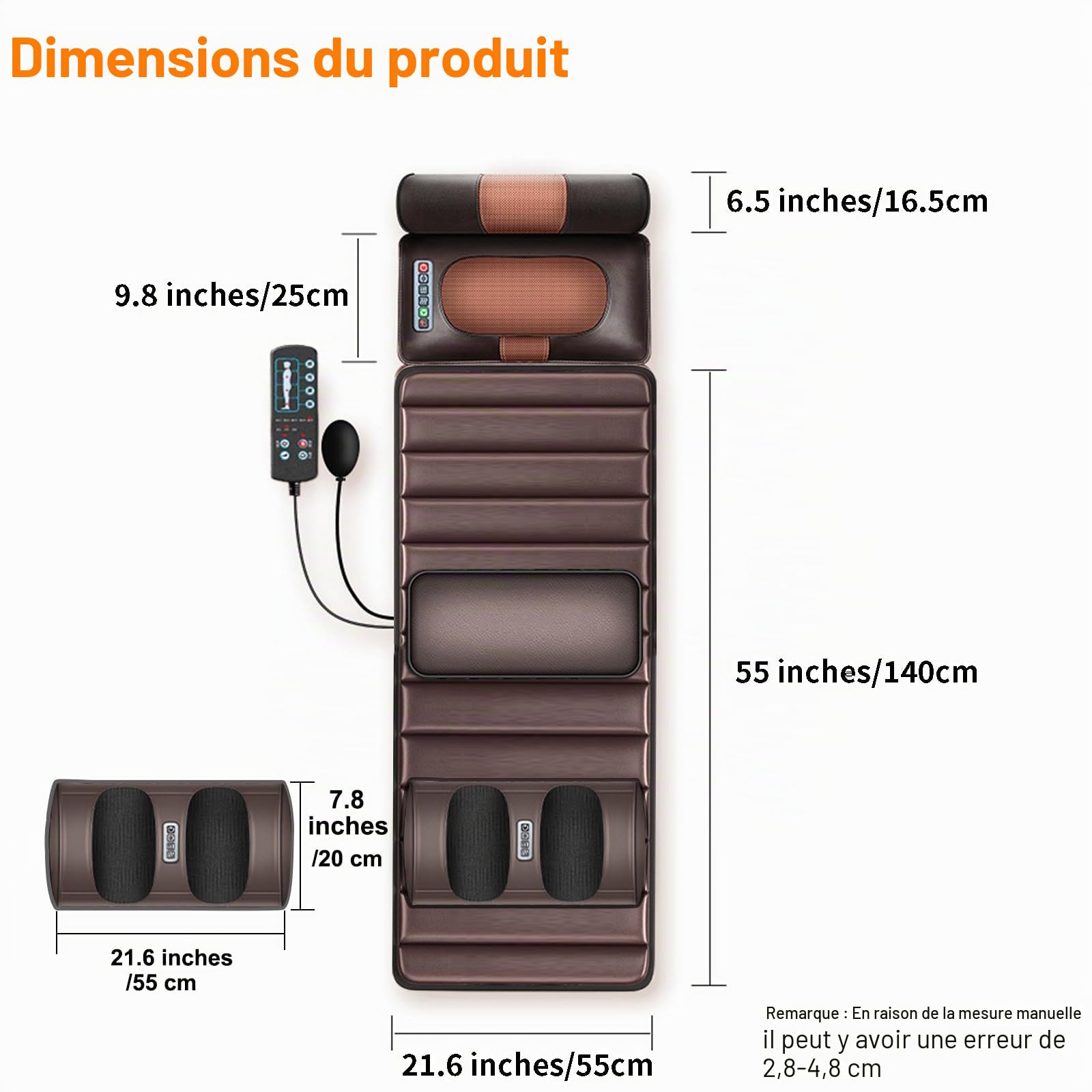 Coussin de massage dorsal avec fonction chauffante, 9 modes de massage, mode vitesse avec masseur de cou amovible et masseur multifonction pour les jambes et les pieds pour la maison et le bureau