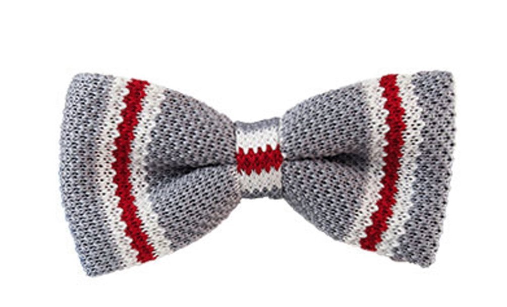 NYFASHION101 Men's Trendy Knitted Bow Ties- Gray/White with Red Stripes