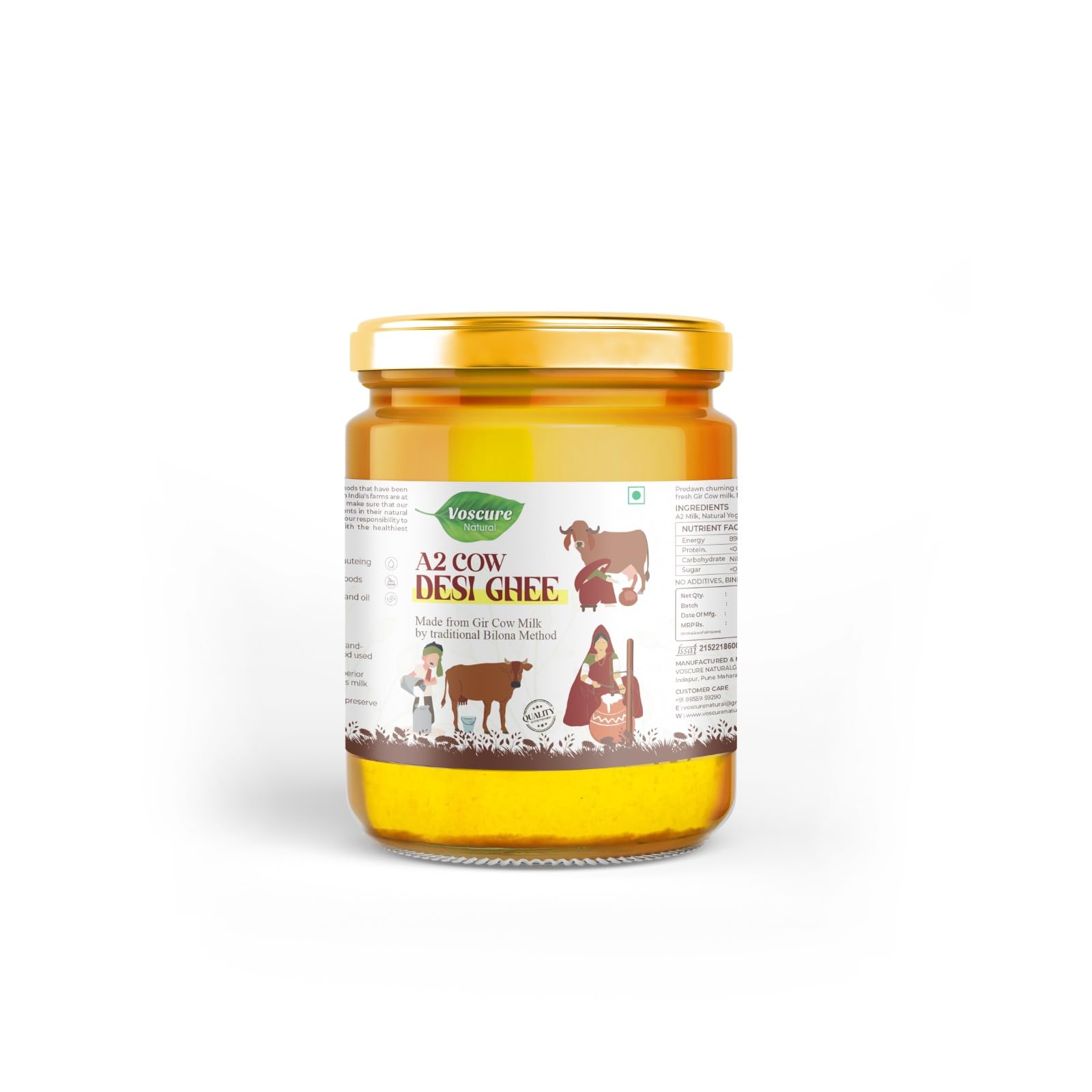 Voscure Natural - A2 Ghee (500ml) | Brahma Muhurta Cultured Cow Desi Ghee | Curd-Churned Bilona Ghee | Pure, Natural, and Healthy | Grass-Fed A2 Gir Cow Ghee