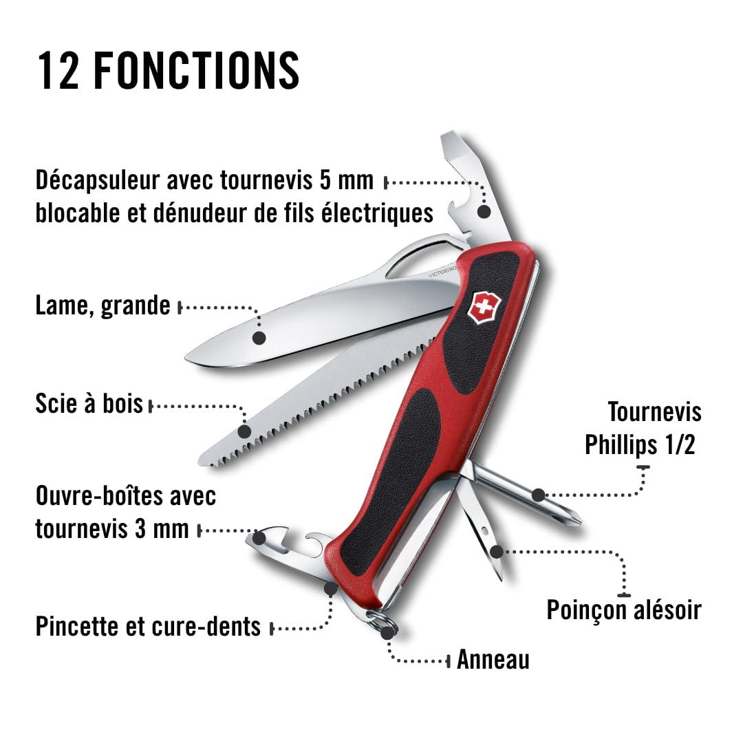 Victorinox Ranger Grip 78 Couteau de Poche Suisse, Multitool, 12 Fonctions, Lame Fixe, Ouverture Une Main